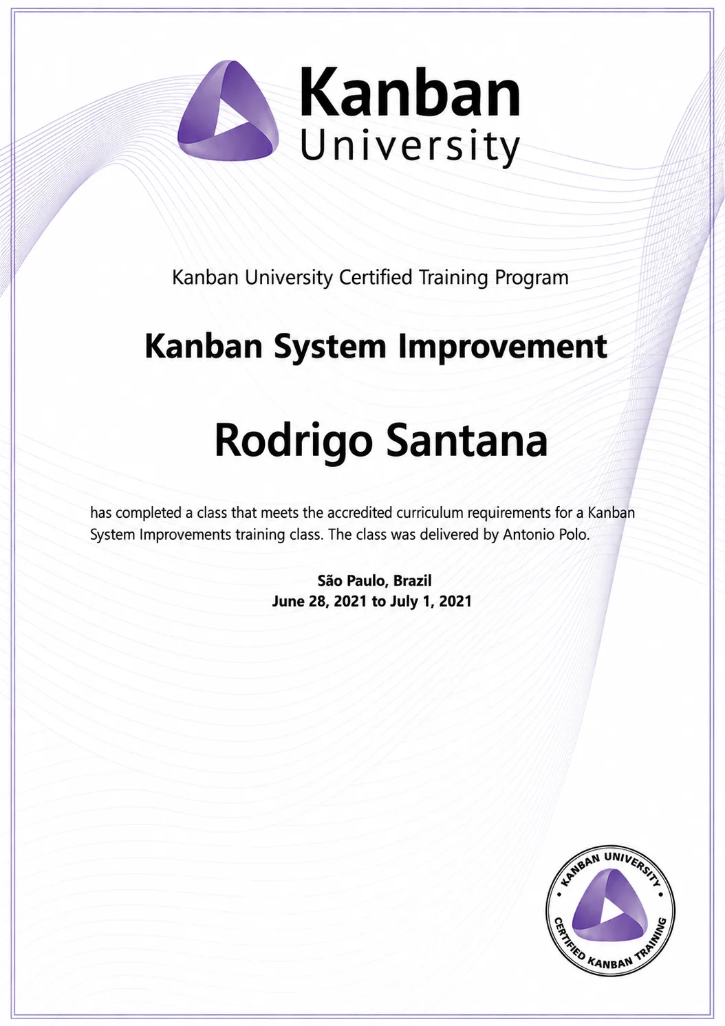 Certificado KSI, Kanban System Improvement, emitido pela Kanban University